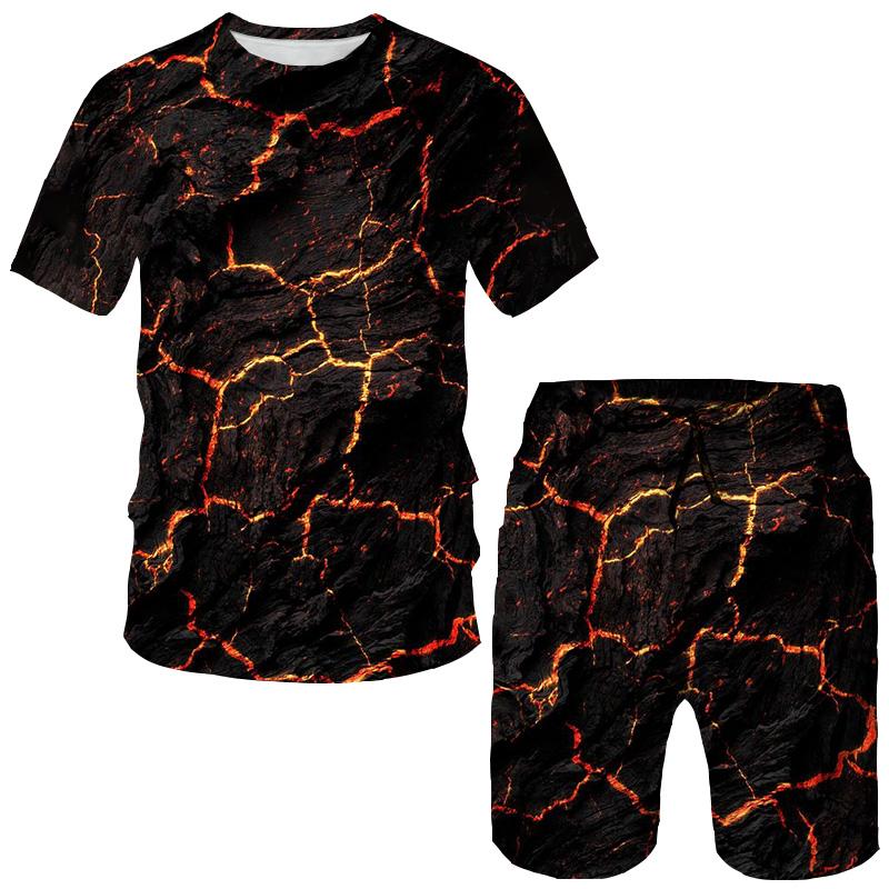 Fashion Flame Magma 3D Print T-Shirts Shorts Sets Men's Tracksuits Oversized Short Sleeve T Shirt Pants Set Man Suits Clothing