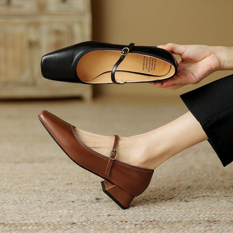 New sheepskin women's shoes low-heeled solid-color leather square heel beef tendon sole large-size shoes cowhide casual square head four-season si