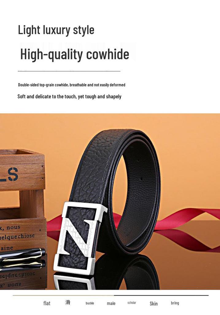 Men's Z Letter Business Casual Buffalo Leather Belt with Stainless Steel Buckle