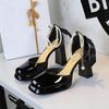 Pearl One-Button Hollow Sandals With Bow Back Patent Leather Women's Shoes Waterproof Platform Thick Heels Fashionable Elegant