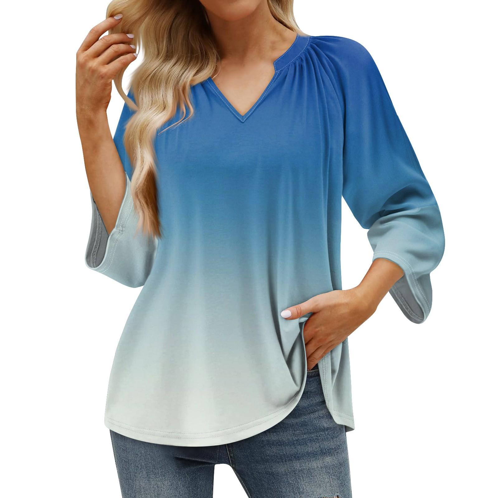 

Женская летняя повседневная футболка с рукавом 3/4 и пуловером с V-образным вырезом и принтом XL небесно-голубой