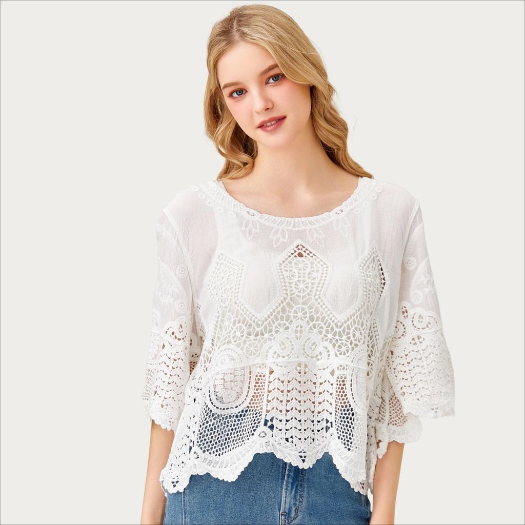 DIMANAF 2025 New Short T-Shirt Women Knitting Lace O-Neck Hollow Summer Style Basic Tops Tees Loose Clothing