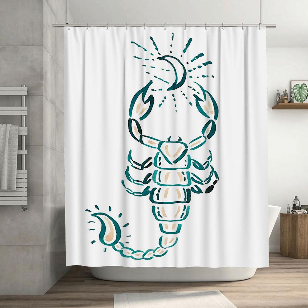 Charming Blue Crayon Style Scorpion Shower Curtain Waterproof Decorative Bathroom Liner White Background with Teal Accents for M