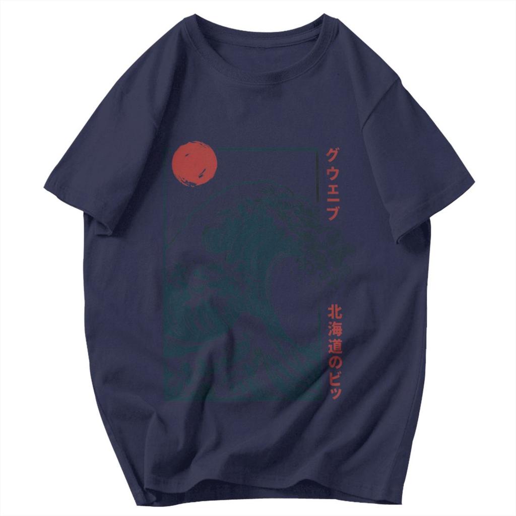 Men T Shirt Japanese Style Hokkaido Wave Retro Idea Y2K Graphic Crewneck Unisex Tops T Shirts