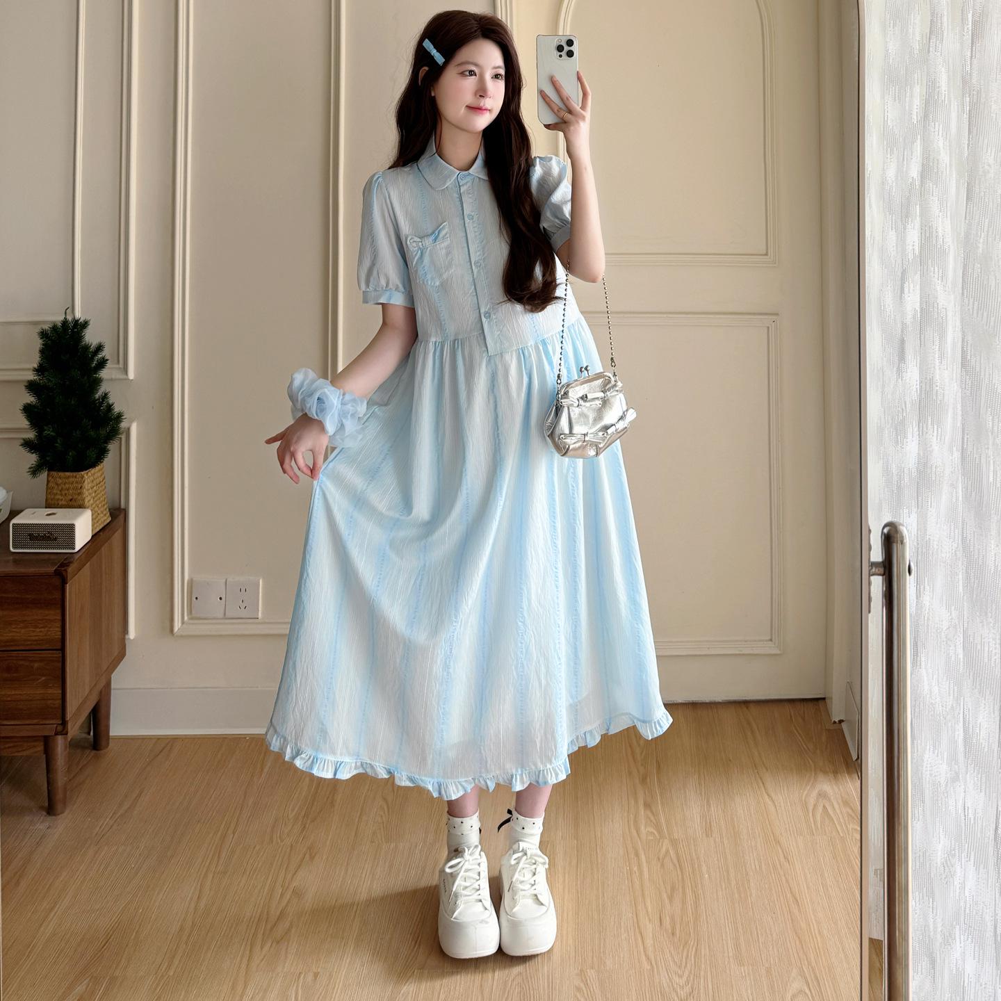 2026 Summer Maternity Plus Size Striped Doll Collar Dress: Conceals Pregnancy, Mid-length. M