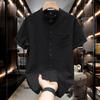 Summer Men's Shirt Short Sleeved Bubble Gauze Stand Up Collar