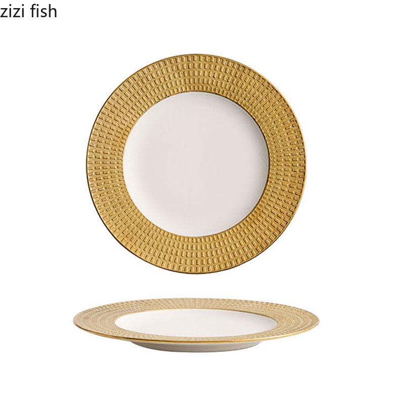 Relief Textured Ceramic Shallow Plate White Gold Steak Plate Pasta Plate Dessert Dish Snack Plates Hotel Creative Tableware