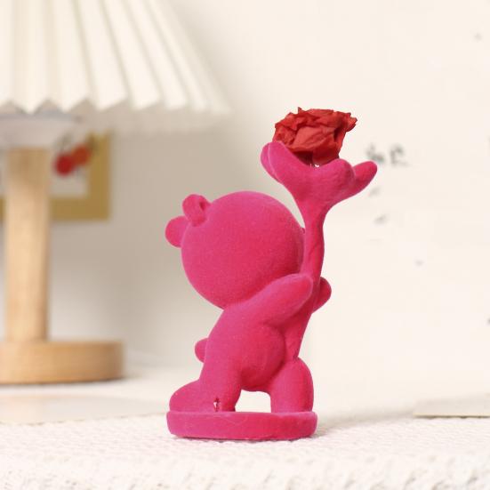 Valentine’s Day Bear Ornament with Preserved Rose Holding Eternal Flower Flocking Bear Decoration Wedding Anniversary