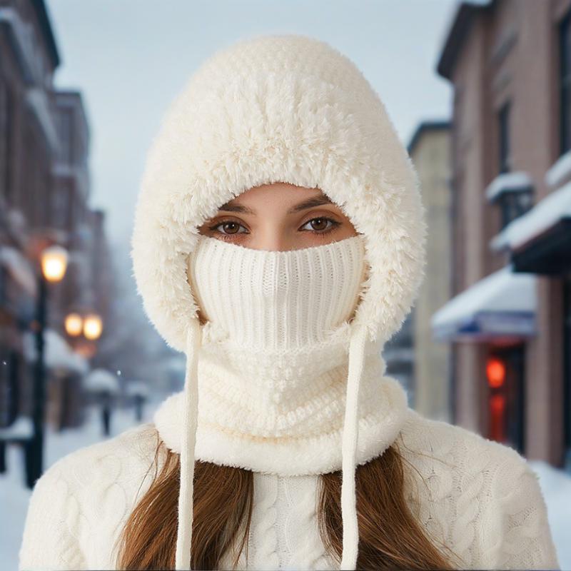 One-piece hat plus velvet thickened face-covering knitted hat, bib, mask, warmth kit