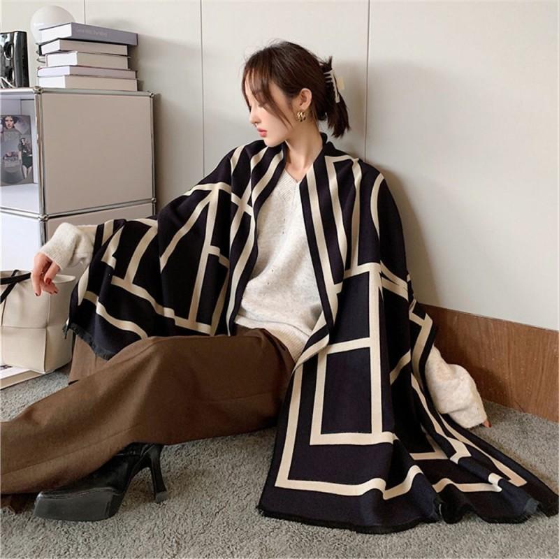 Korean-Style Geometric Colorblock Faux Cashmere Scarf Long Warm Shawl With Tassels Winter Office Wear