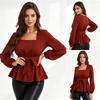 Modische Damen Peplum-Bluse mit Gürtel, quadratischem Ausschnitt, Laternenärmeln und elastischer Taille, lässiges Alltags-Oberteil