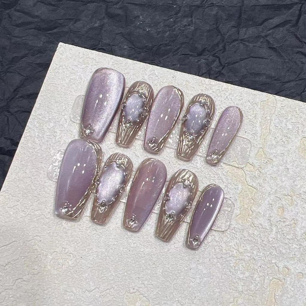 Pure Hand-wearing Nail Fake Nail Patch Nail Art Finished Purple Light Bulb Cat Eye Cloth Chela Magic Mirror Miracle Angel
