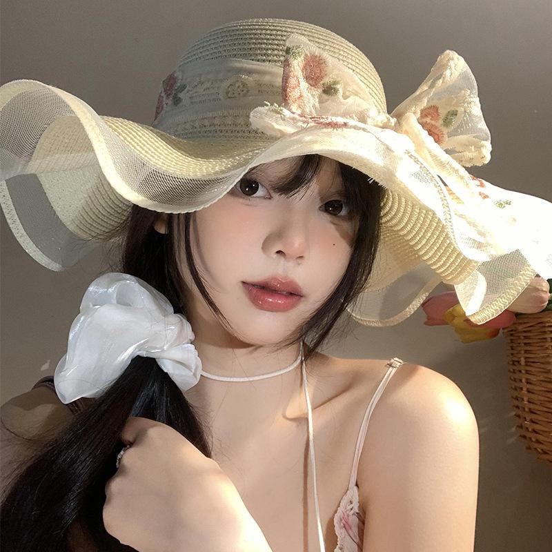 Sweet Cute Lace Edge Straw Hat For Women Spring Summer Bowkont Large Brim Sunshade Caps  Foldable Beach Cap Gifts