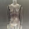 Spring and Summer Women's Bubble Beads See-through Mesh Long-sleeved Tops