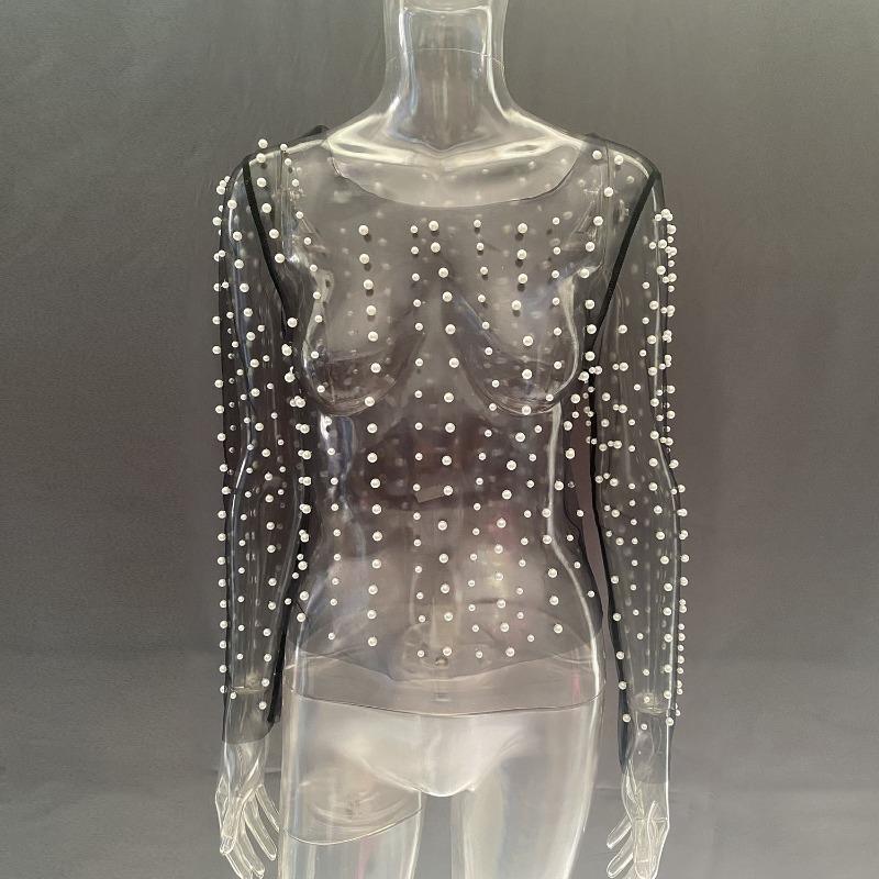 Spring and Summer Women's Bubble Beads See-through Mesh Long-sleeved Tops