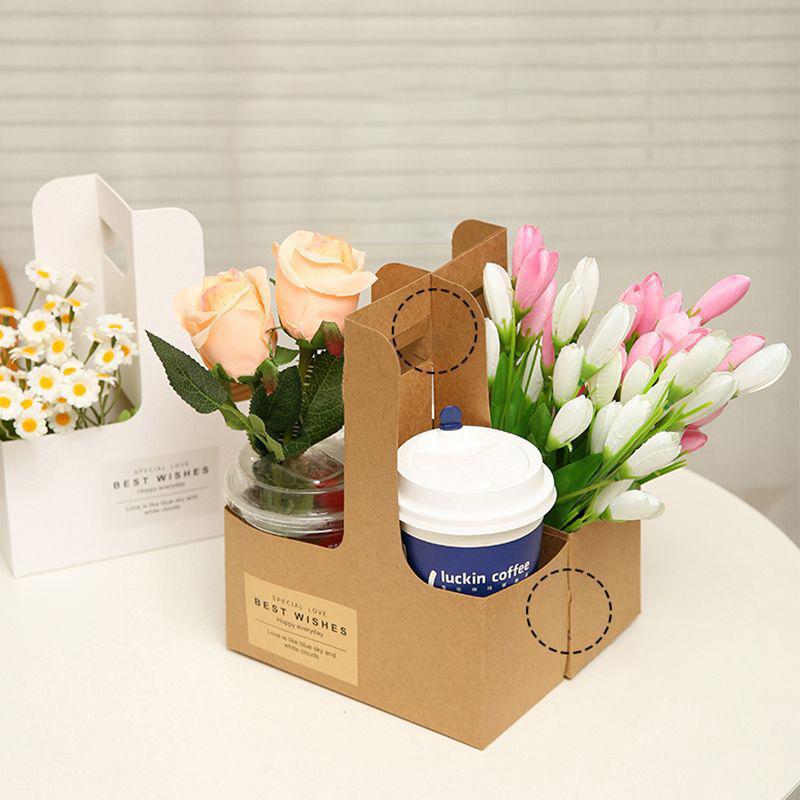 10 db Hordozható Virágos Ajándéktáska Kraft Papír Tartó Kávé Virág Torta Desszert Csomagoló Doboz Fotó Köszönetajándék Italhordozó Fogantyúval