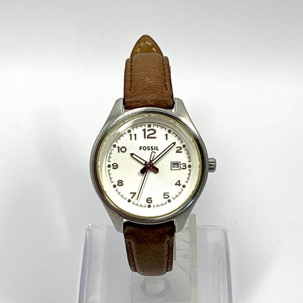 Used 691 Working Item Battery Replaced FOSSIL Fossil Ladies Watch Quartz 3 Hand Silver Date Arabic Numerals Leather Belt Popular Rare AM-4379