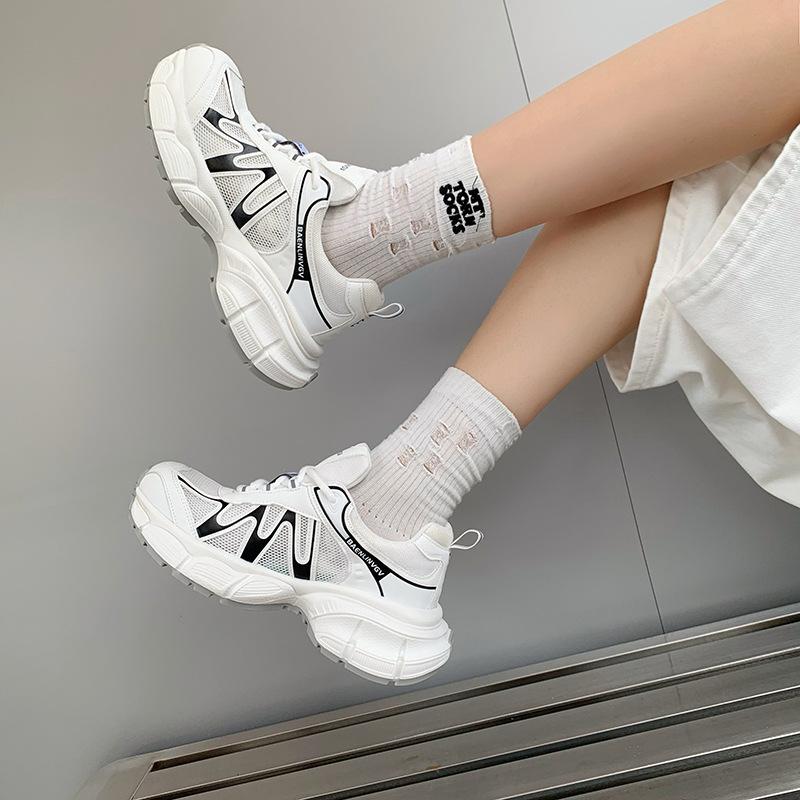 2025 Summer New Imitation Leather Fashion Thick Sole Heightening Dad Shoes Women's Versatile Casual Sports Shoes Breathable Mesh Shoes
