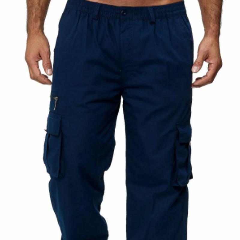 New casual workwear with multiple pockets, men's loose straight leg, solid color, multifunctional workwear pants, black jogging