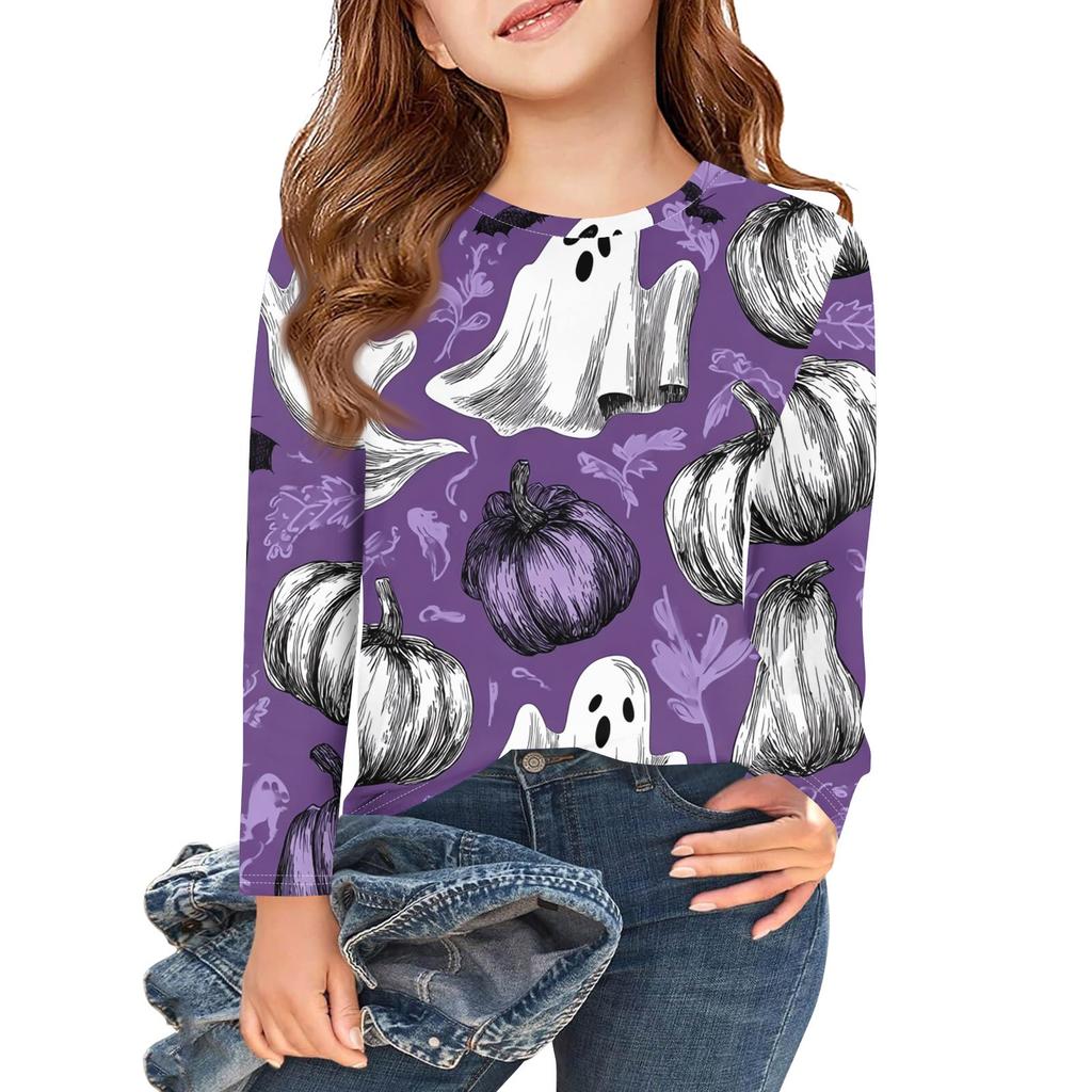 Mädchen Langarm T-Shirts Kinder Herbst Tops Rundhalsausschnitt Halloween Bedruckt Basic Tees 3-9J