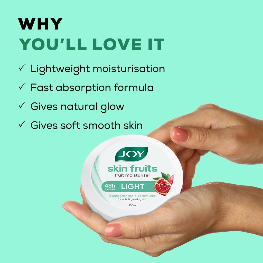 JOY Skin Fruits Non-Oily Light Moisturizer 150ml Pack of 1 for Pomegranate Fast Absorbing Hydration and Smooth Skin