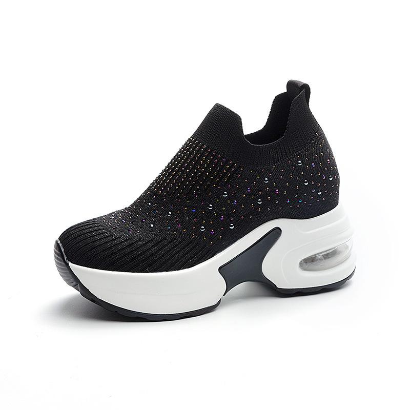 Fashion 8cm Air Mesh Platform Sneakers Wedge Crystal Shoes White Black Height Increased High Heel for Women Slip on Shoes Vulcanized New