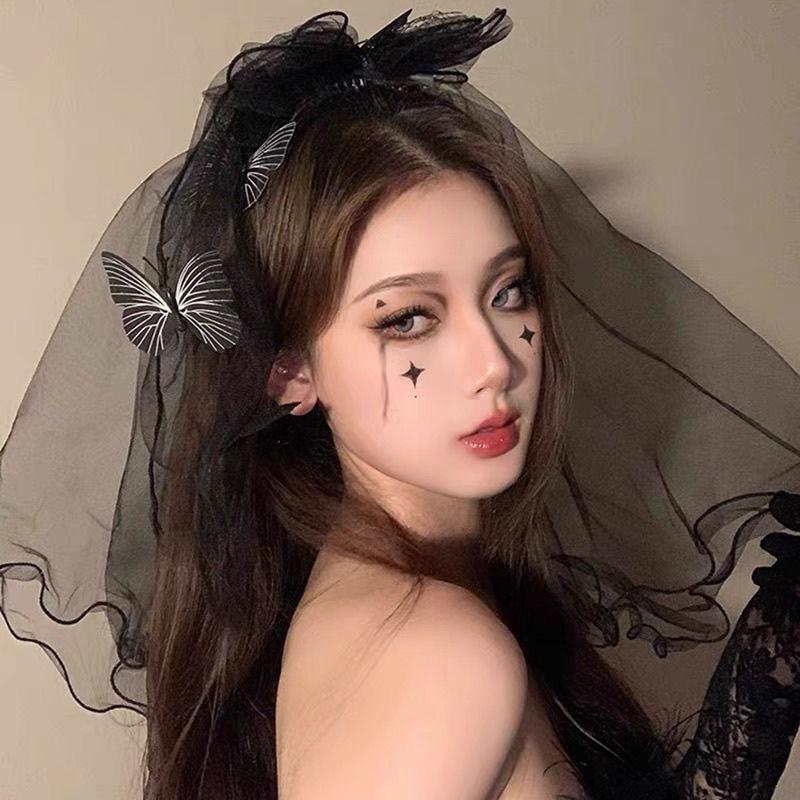 

Gothic Runaway Bride Veil - Halloween Dark Princess Headpiece with Bow - Victorian Spooky Accessory Black-colored butterfly