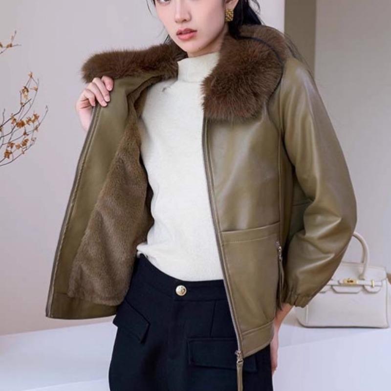 Damen S Kurze PU-Lederjacke Mit Pelzkragen Winter Fleecegefüttert Warm Lässig