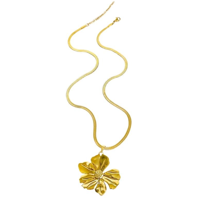 Gold Plated Flat Snake Chain Necklace Featuring A Large Flower Pendant For Women Stylish Waterproof Accessory 1