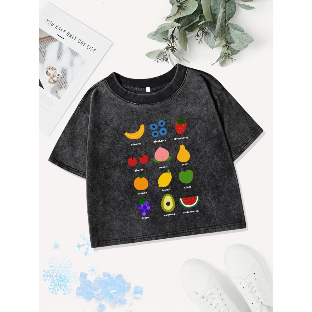 Summer Cotton Crop Tops Womens Fresh Fruits Lemon Cherry Printing Washed T-Shirts O-Neck Regular Fit Tees Street Clothes