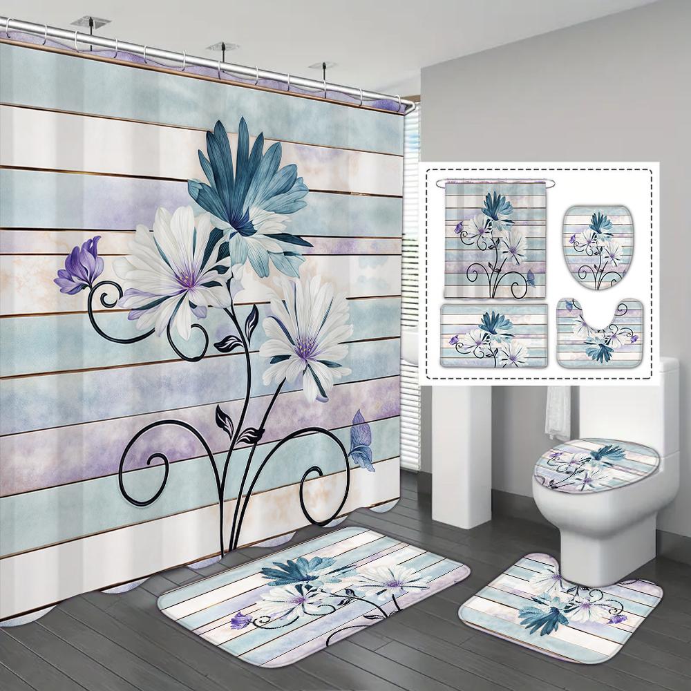 4-piece Set of Blue White Jade Orchid Waterproof Printed Shower Curtains with 12 Hooks, Bathroom Floor Mats
