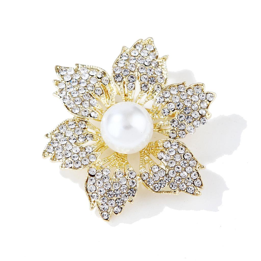 Fashion Full Diamond Six Leaves Sunflower Camellia Flower Pearl Brooch Pin Pin Female Environmental Protection Jewellery