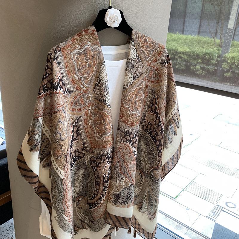 Old Qian Feng Cashew Nut Silk Scarf Women'S Spring, Autumn Winter Collocation Baotou Neck Protector Hanging Beard Ethnic Style Scarf Cardigan Shawl