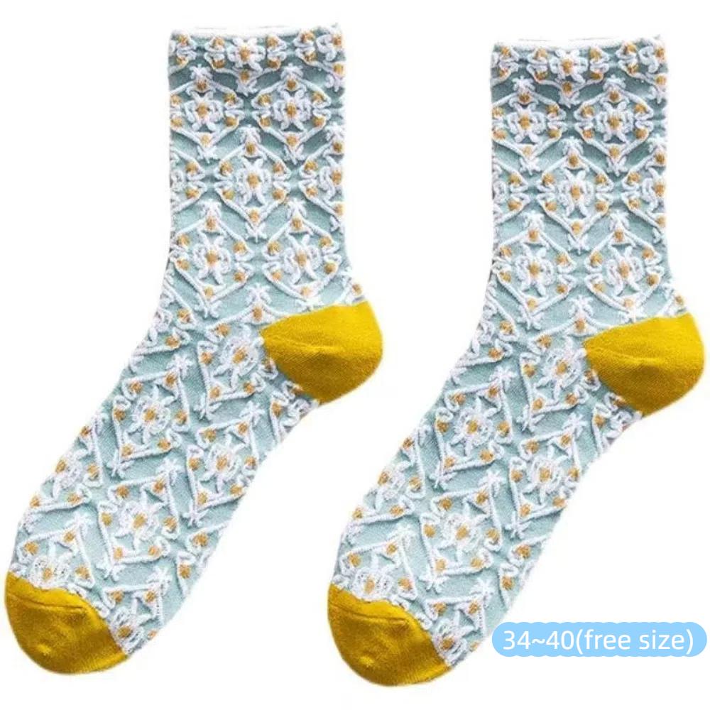 5 Pairs Flower Design Retro Cotton Socks Cotton Material Medium Length Sock  Spring Summer