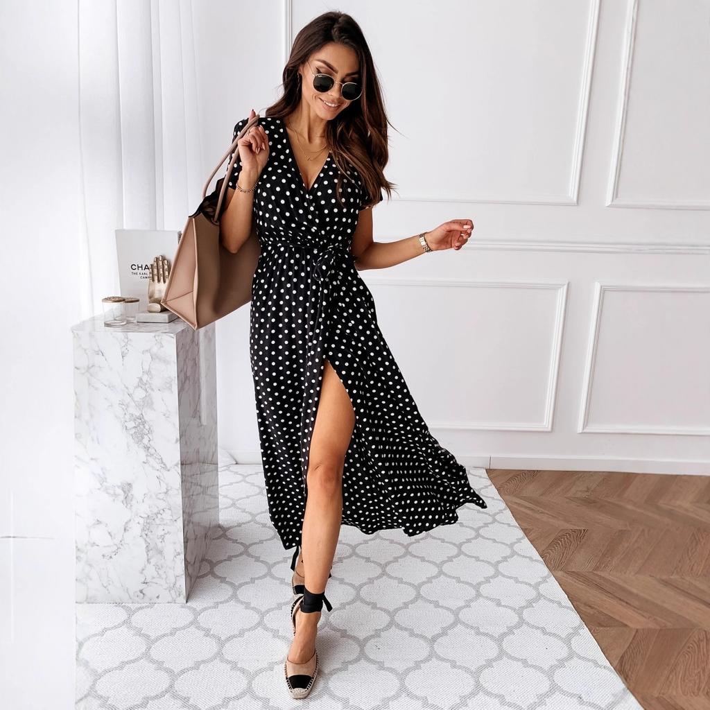 Summer short-sleeved V-neck bohemian polka dot print dress long dress temperament