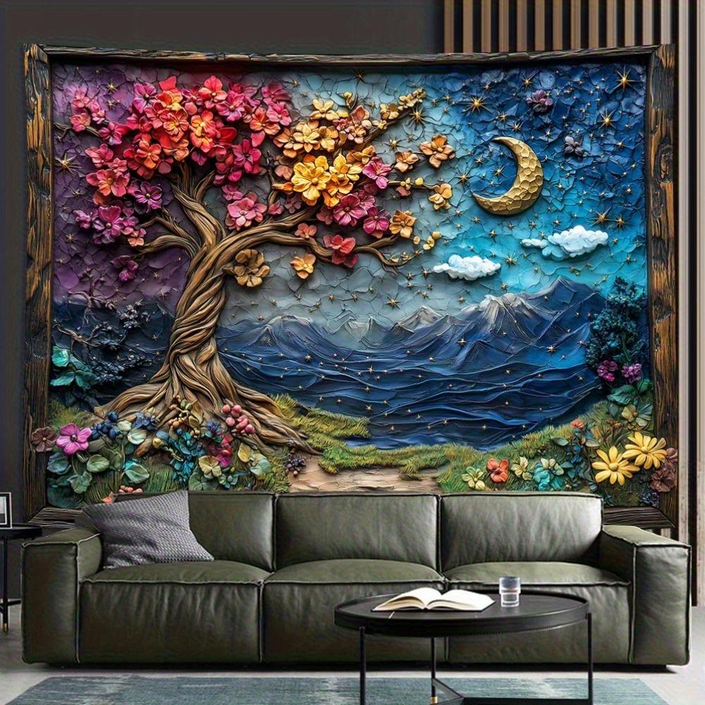 Vintage Tapestry Polyester Vintage 3D Tree of Mystery Starry Sky Tapestry | Wall Hanging Decor with Enchanted Tree Design for 100X70CM