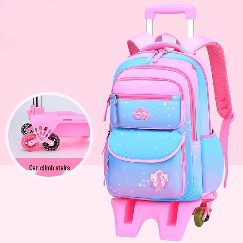 Bunter Gradienten-Trolley-Rucksack für Mädchen, 3.-6. Klasse, Tragbar oder Ziehbar umwandelbar, Großes Fassungsvermögen mit Doppelgurten