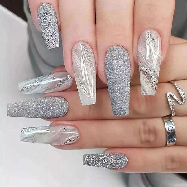 New Manicure Long Wearable False Nails Ballet False Nail Full Cover Grey White Marble Design Nails Tip French Coffin Nails Press On Nails