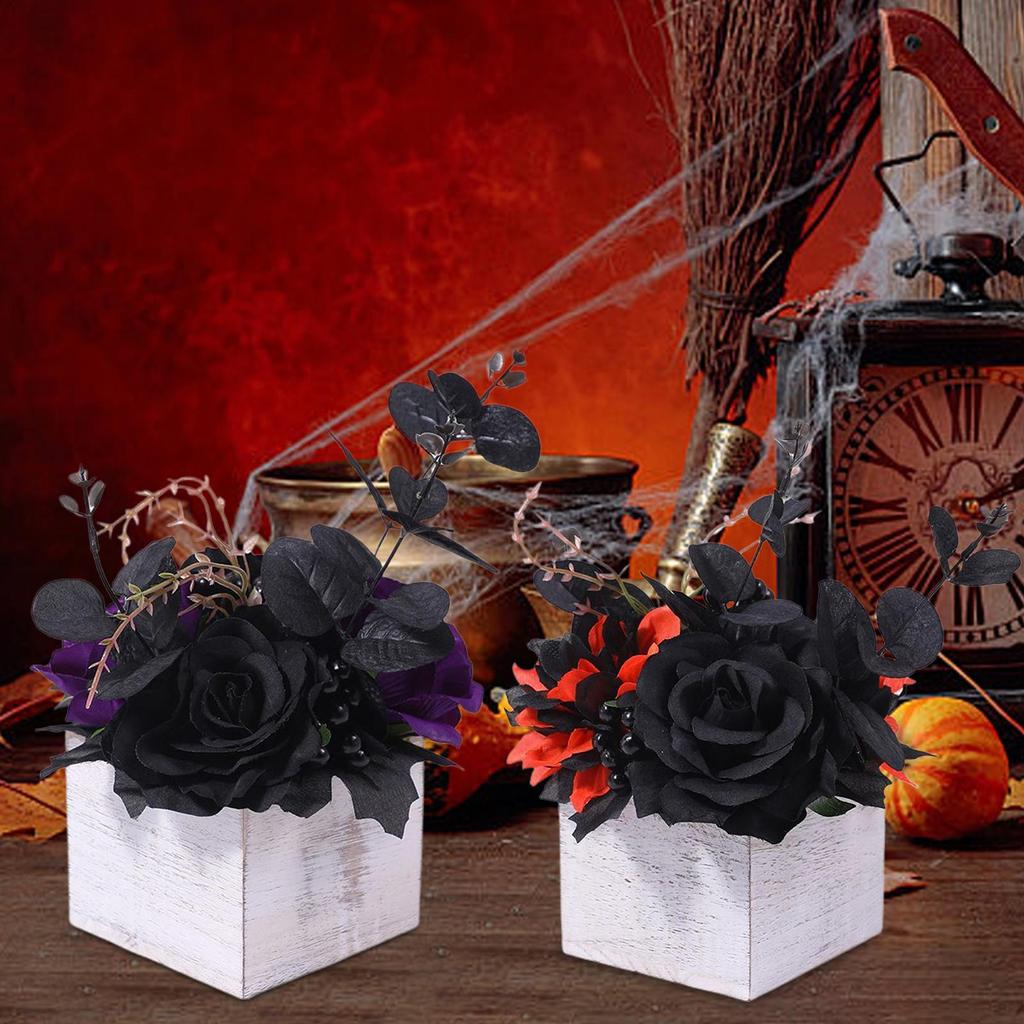 Artificial Bouquet with Wooden Vase Halloween Flower Wooden Box Black Artificial Flowers Bouquet Fake Flower Decoration