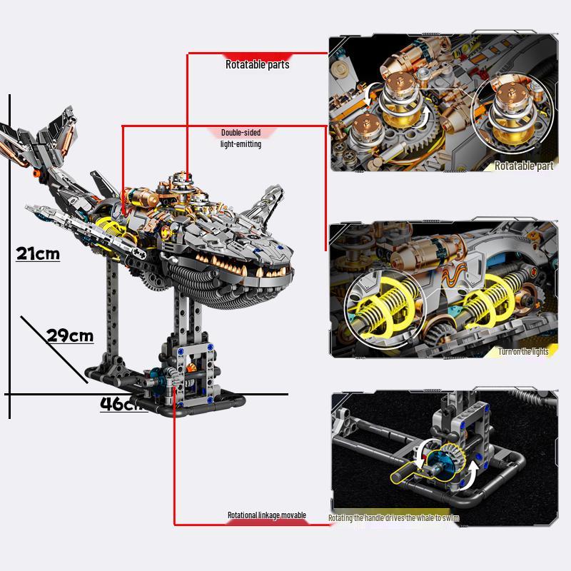 Lego-Compatible Electric Mechanical Whale Building Kit - Challenging DIY Animal Model Toy for Boys