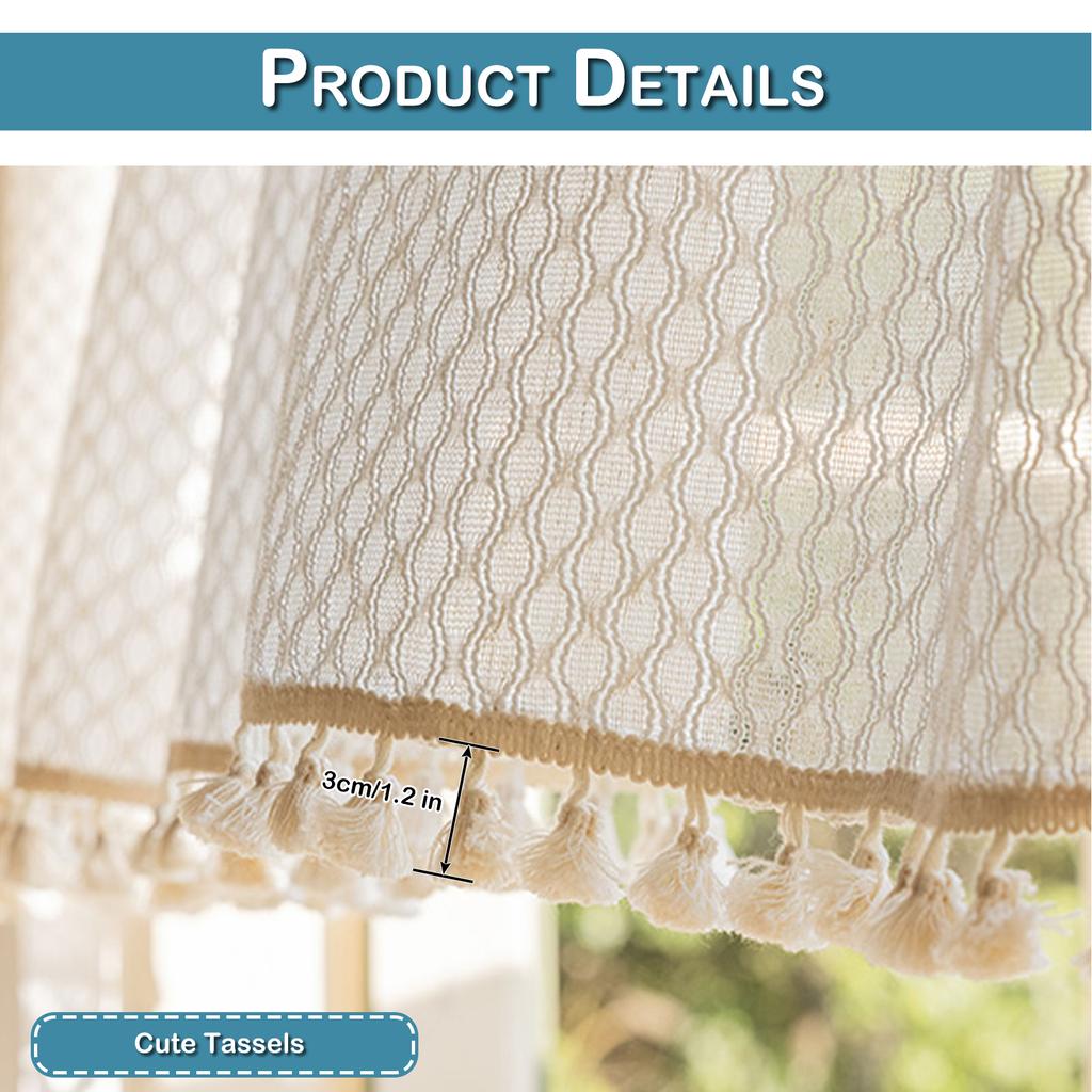 Boho Küchenvorhang Transparent Vintage Quasten Fenster Gaze Drapierung Stangentasche Transparent Stufenvorhang Volant für Wohnzimmer Heimdekor