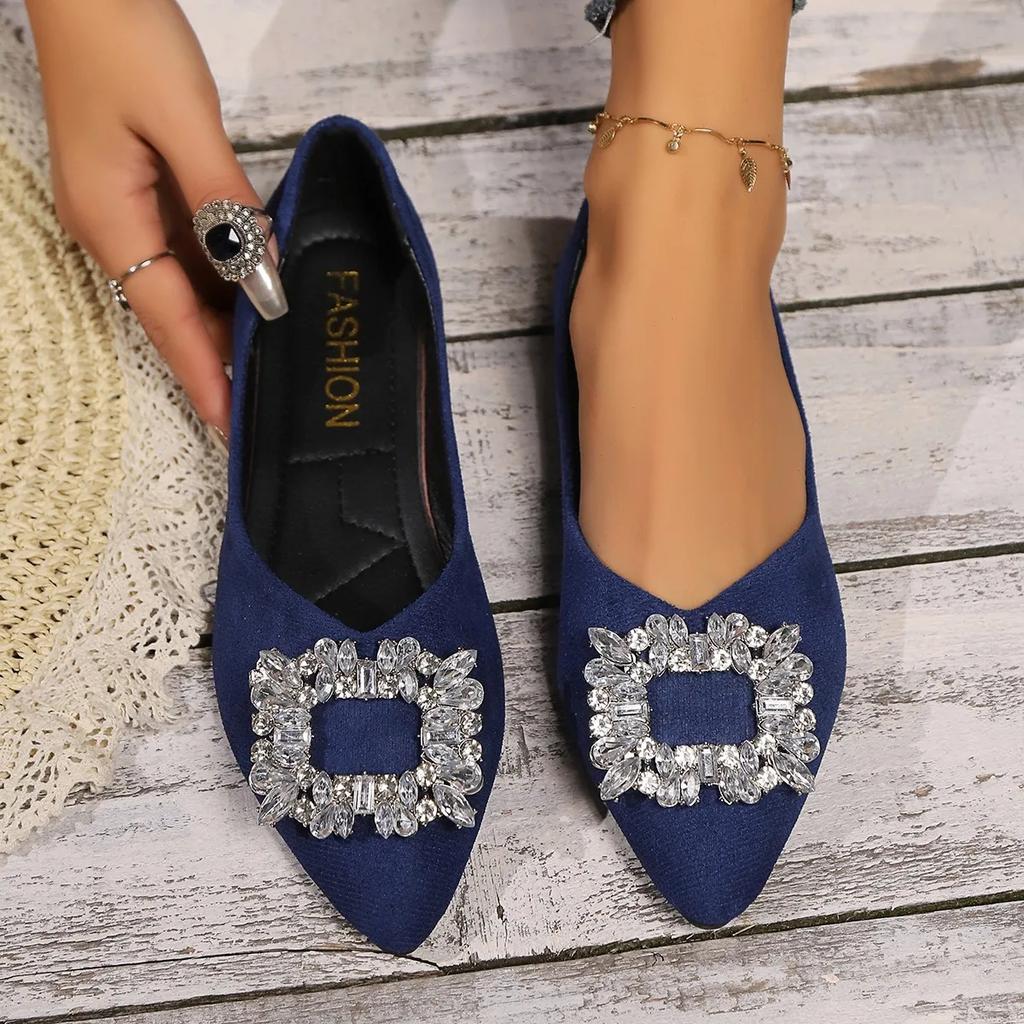 2024 New Spring and Autumn Flat Shoes Women's Shoes Pointed Diamond Metal Square Buckle Single Shoes