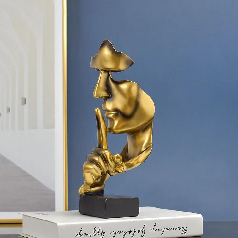 Home Decor Thinker Statue Sculpture Silence Is Gold Figurines Resin Retro For Office Study Living Room Abstract Face Ornaments