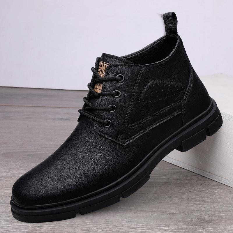 Men's Black Fleece-Lined High-Top Martin Boots - British Style, Plus Size, Autumn/Winter.