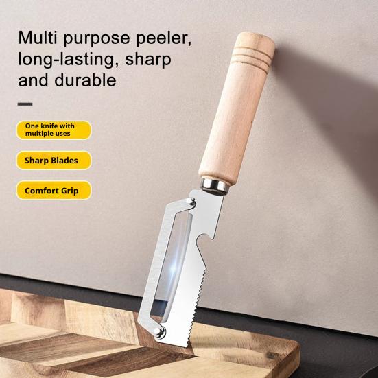 Curățător de legume cu mâner ergonomic din lemn 2-în-1 Deschizător de sticle Lamă lată curbată Curățător ascuțit pentru cartofi mere citrice morcovi Gadgeturi de bucătărie
