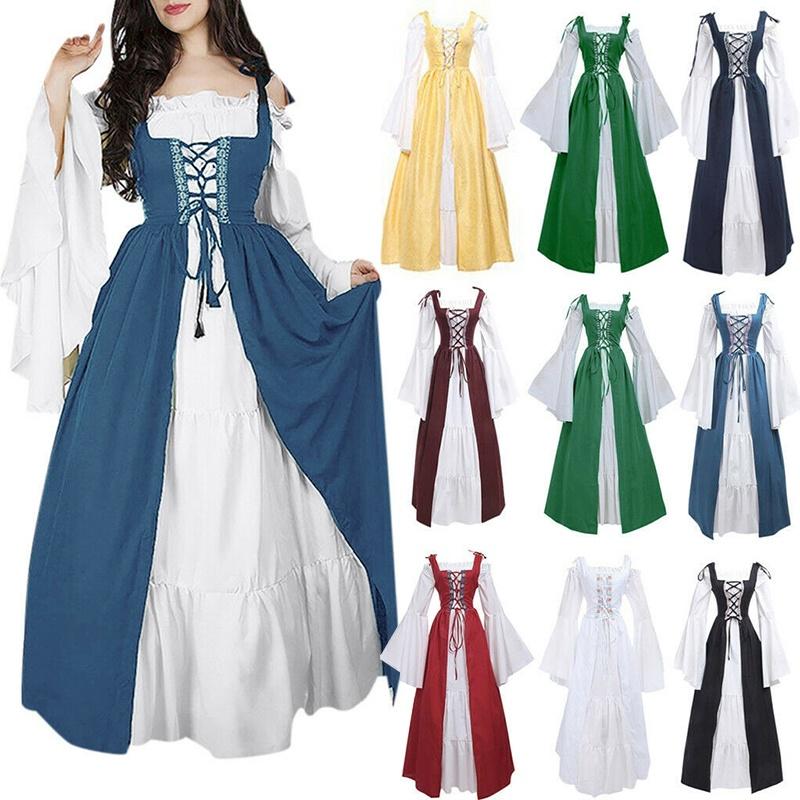 Renaissance Womens Vintage Medieval Long Dress Halloween Gothic Costume Gown