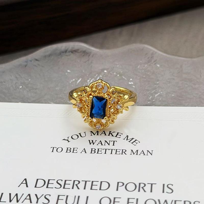 Medieval Vintage French Colored Treasure Zircon Light Luxury High-End Open Ring Niche Design Ring Woman