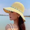Summer Seaside Vacation Style Straw Visor Women's Large Brim Sun Protection Bucket Hat Ethnic Style Flower Lace-up Straw Hat