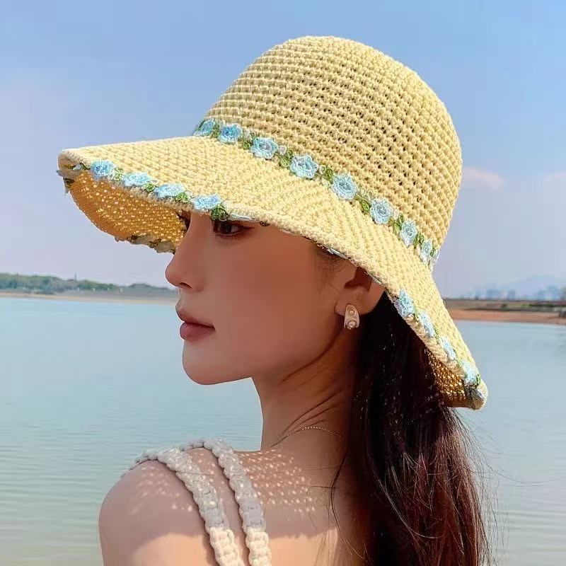 Summer Seaside Vacation Style Straw Visor Women's Large Brim Sun Protection Bucket Hat Ethnic Style Flower Lace-up Straw Hat