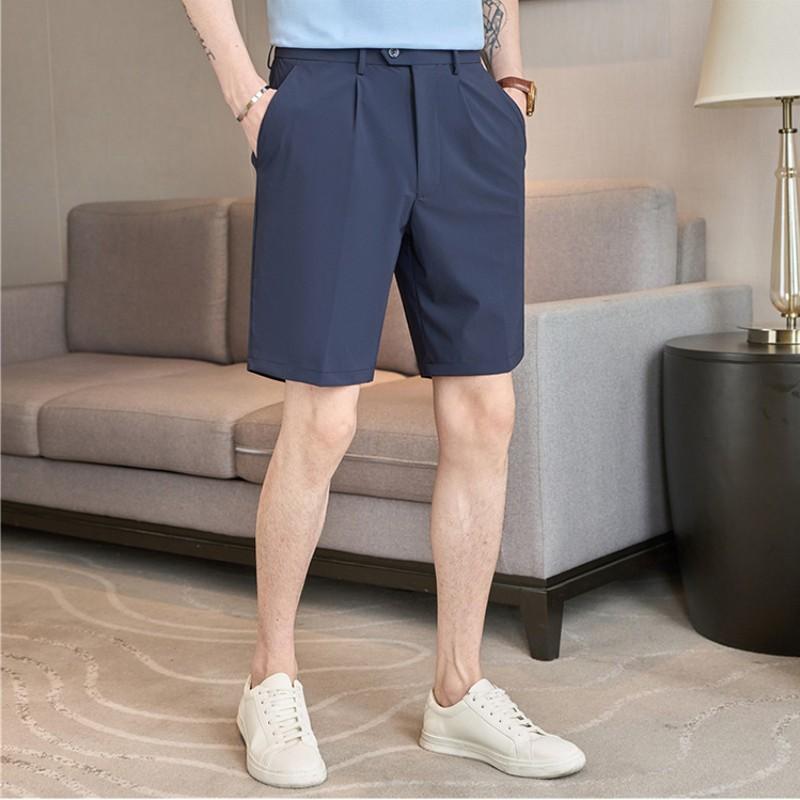 Summer Men's Suit Shorts Straight Fit Stretch Knee-Length Short Pants Solid Ice Silk Lightweight Breathable Casual Shorts Man